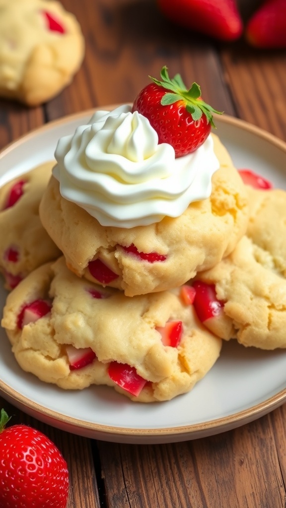 Strawberry shortcake cookies topped with whipped cream and fresh strawberries on a rustic plate.